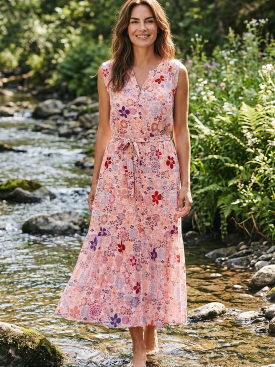 Sonoma Dresses & Skirts - Sonoma Pink Floral Sleeveless Goods For Life Tie-Waist Maxi Dress Size Large